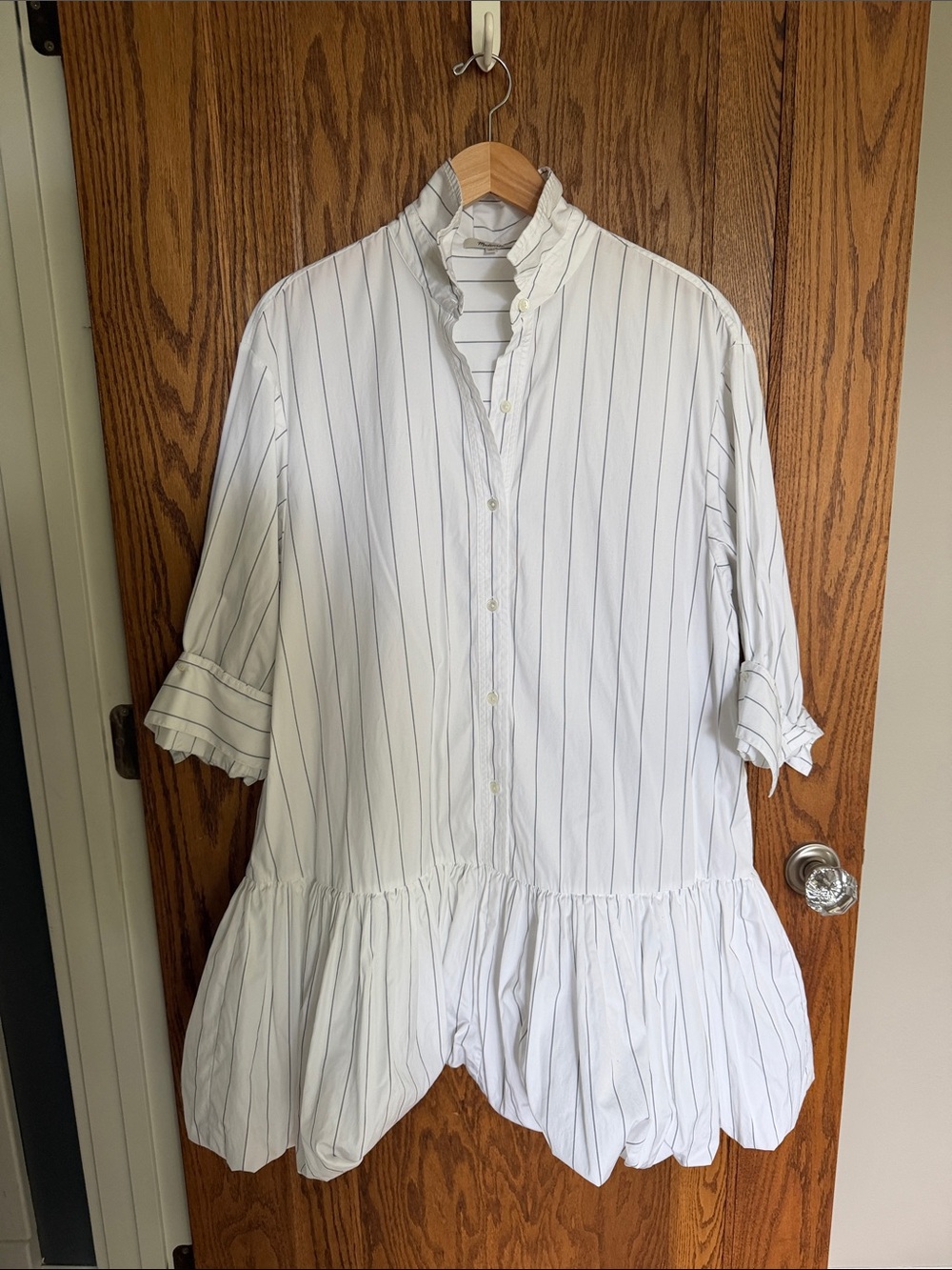 Madewell White Pinstripe Ruffle-Hem Mini Dress